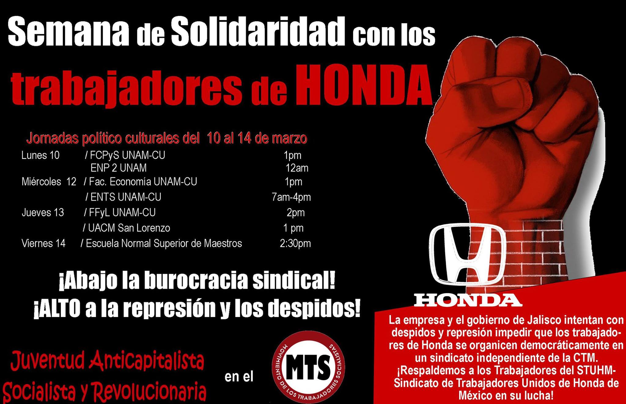 Solidaridad con los trabajadores del STUHM-Sindicato de Trabajadores Unidos de Honda de México